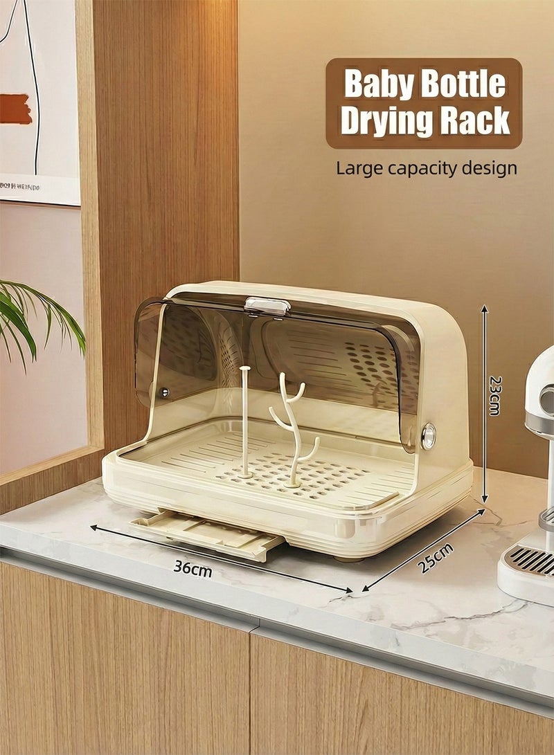 YOONISPRO Baby Bottle Drying Rack with Anti-Dust Cover – Vertical Bottle Storage Organizer with Detachable Brackets, Pull-Out Drain Board & Cup Holder | Portable Tableware Drying Rack for Kitchen Cabinet & Household Use - Image 1